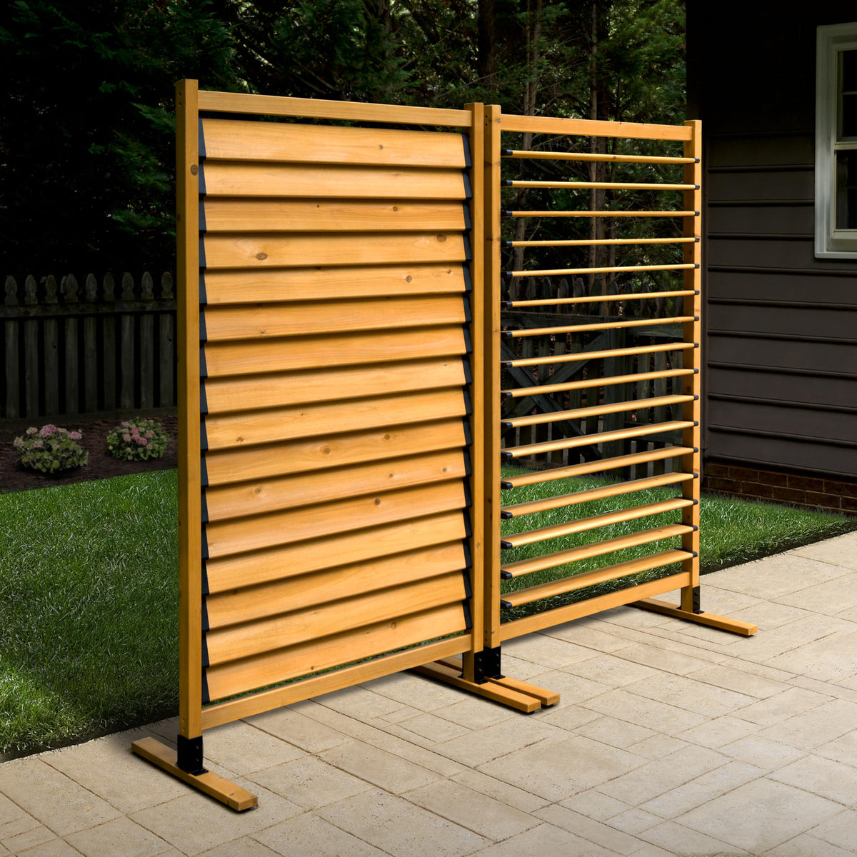 Enclo Solara louvered screen with open slats provides breezy patio privacy.