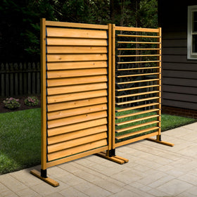 Enclo Solara louvered screen with open slats provides breezy patio privacy.