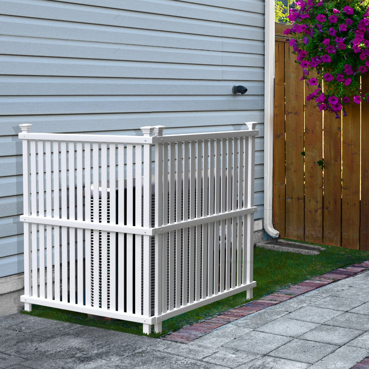 Enclo Wilmington white privacy panel installation demonstrates easy stake-in setup for discreet yard blocking.