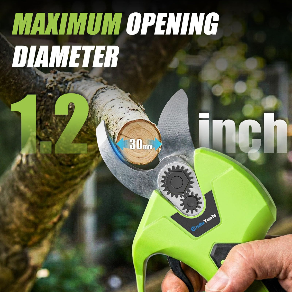 EnduTools pruner in action cutting a branch close-up with battery pack.
