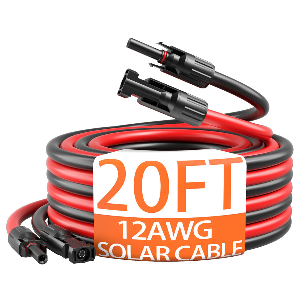 Energeaster 12AWG solar extension cable with panel connectors for outdoor setups.
