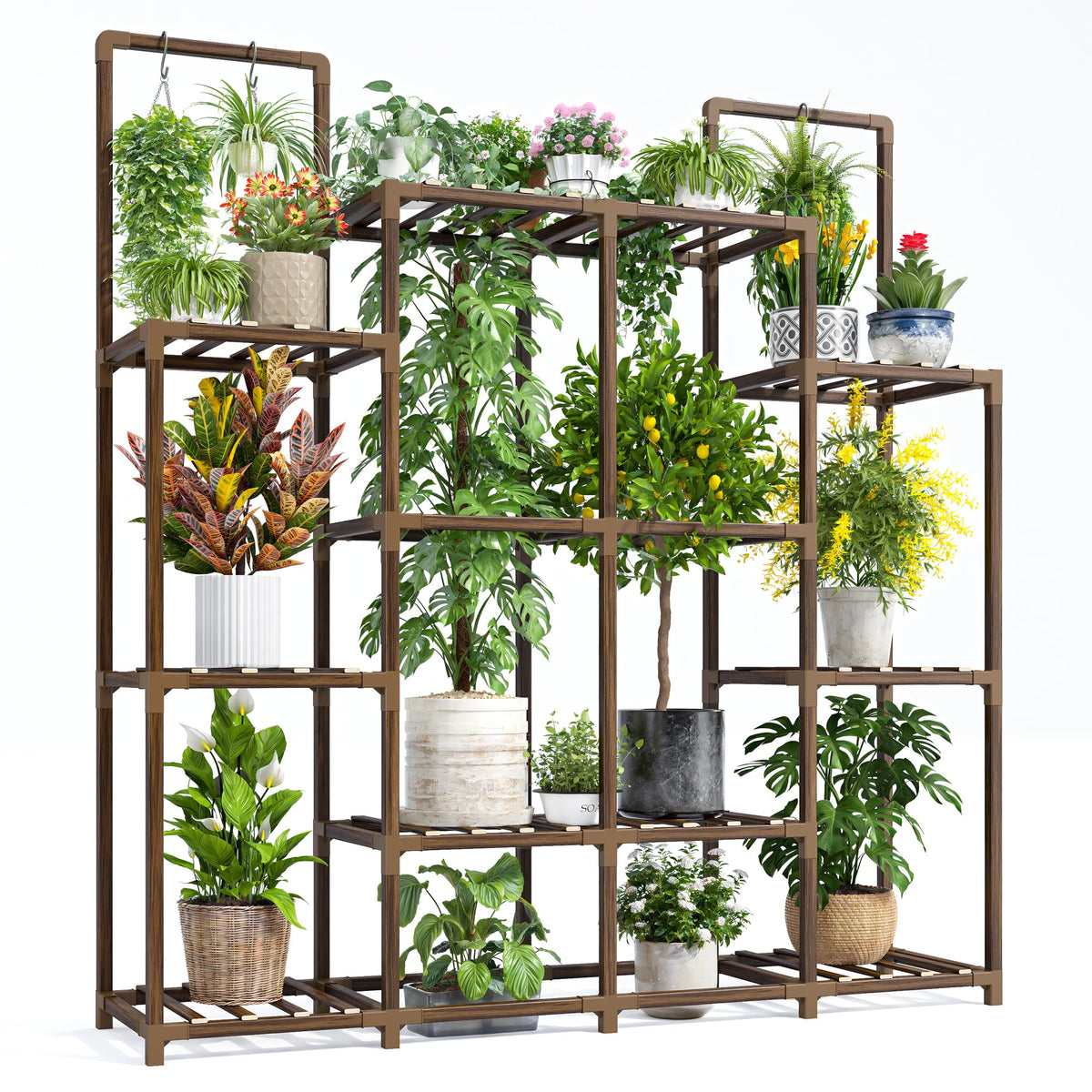 EnHomee plant stand with large-capacity layout for 12–14 pots, optimized sun exposure.