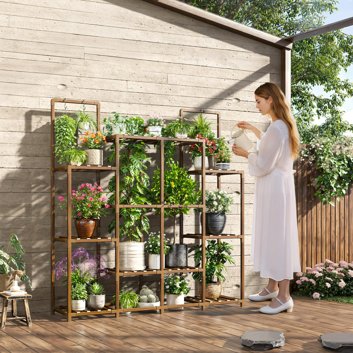 EnHomee plant stand used as decorative display and storage for plants and accessories.