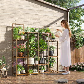 EnHomee plant stand used as decorative display and storage for plants and accessories.