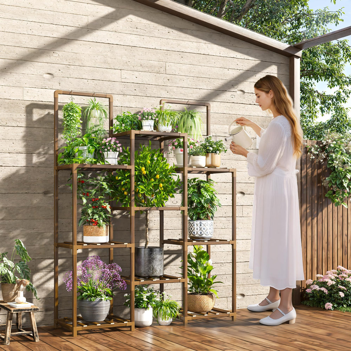 EnHomee outdoor wood plant stand side view showing sturdy frame