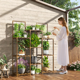 EnHomee outdoor wood plant stand side view showing sturdy frame