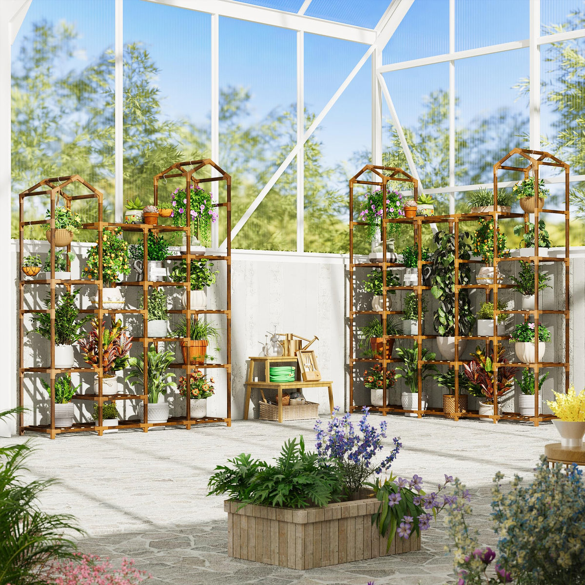 EnHomee wide shelves create a lush, layered plant gallery.