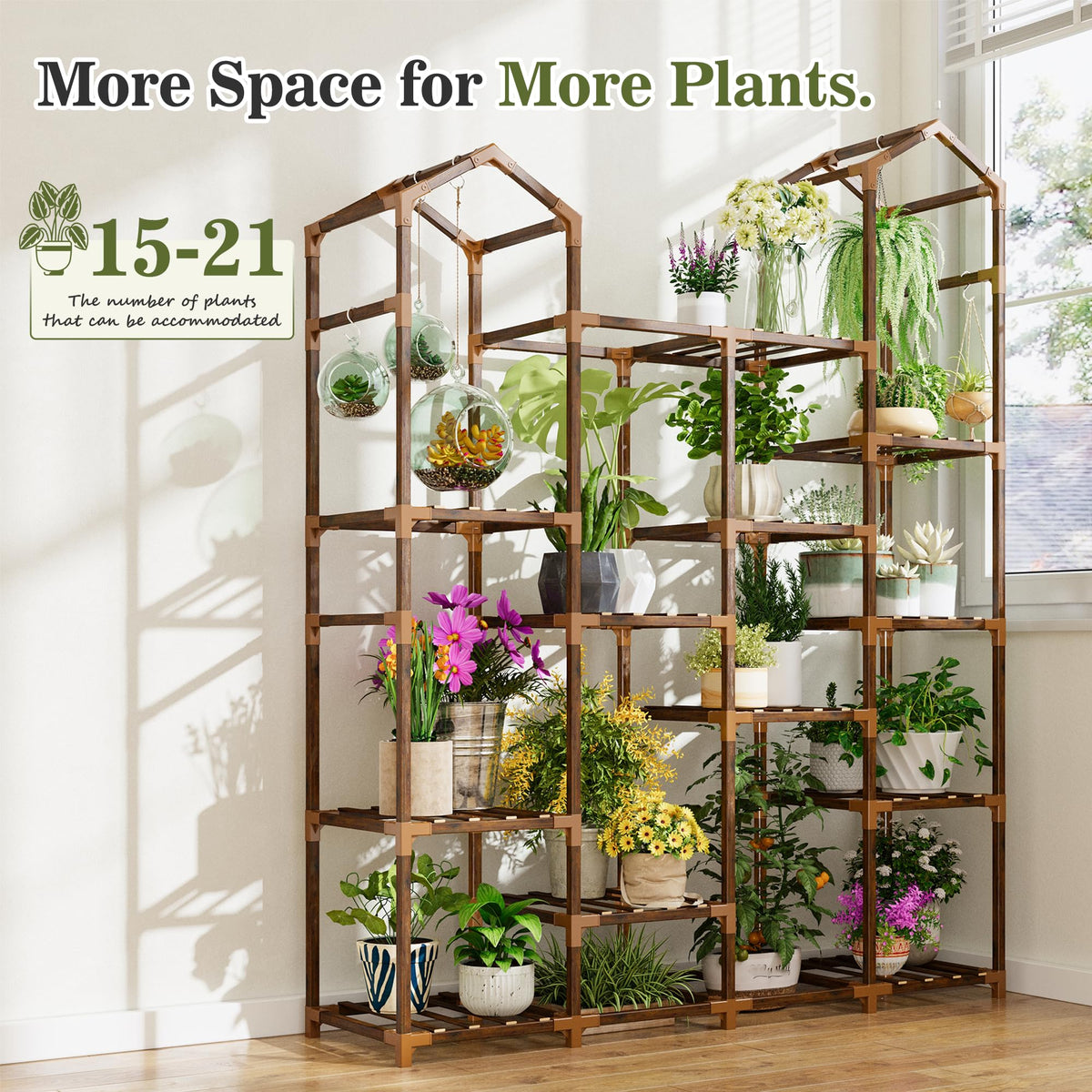 EnHomee wooden plant stand being assembled with included tools.