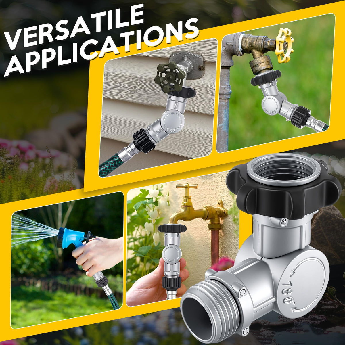 Enhon versatile RV hose and faucet use with swivel connector.