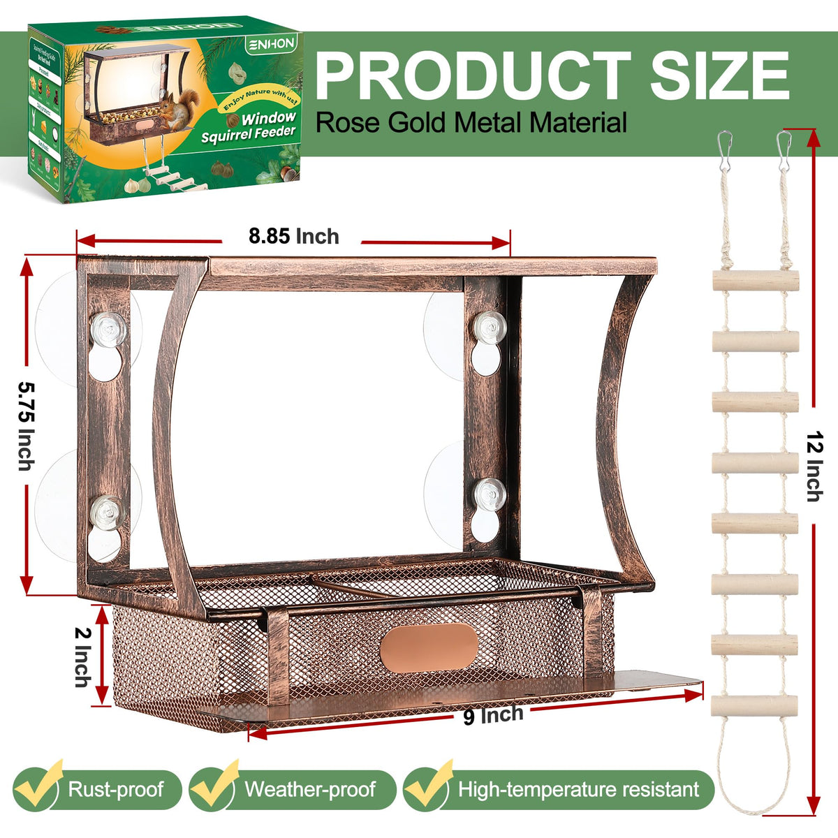 Enhon Window Squirrel Feeder with four secure suction cups for stable window mounting.