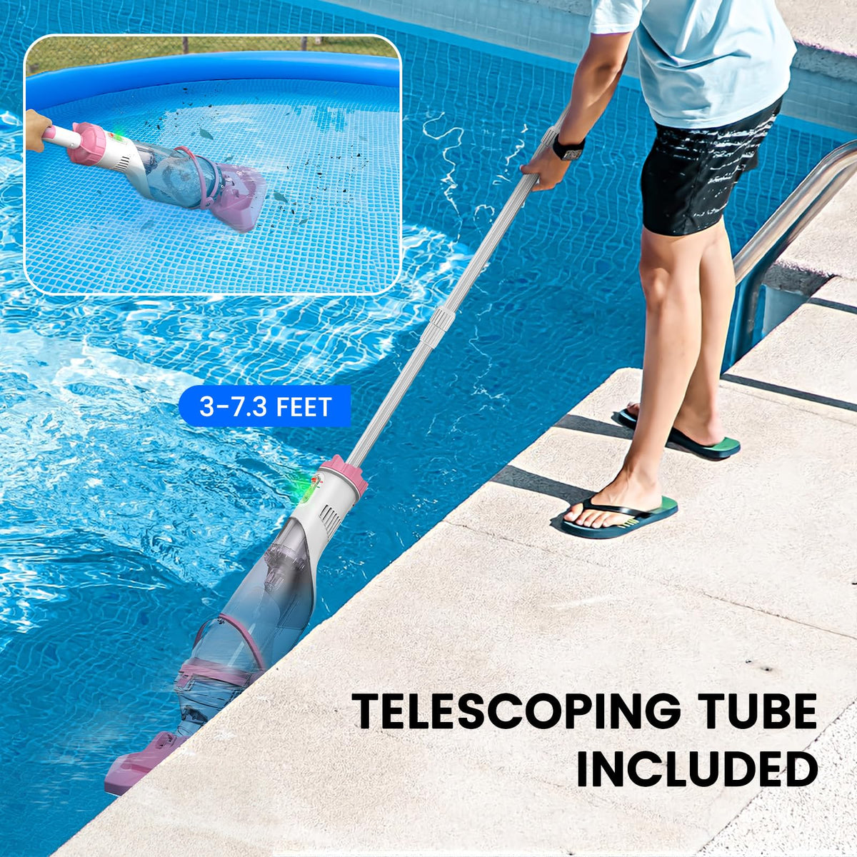 Adjustable pole extends from 3 to 7.3 feet for larger pools.