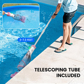 Adjustable pole extends from 3 to 7.3 feet for larger pools.