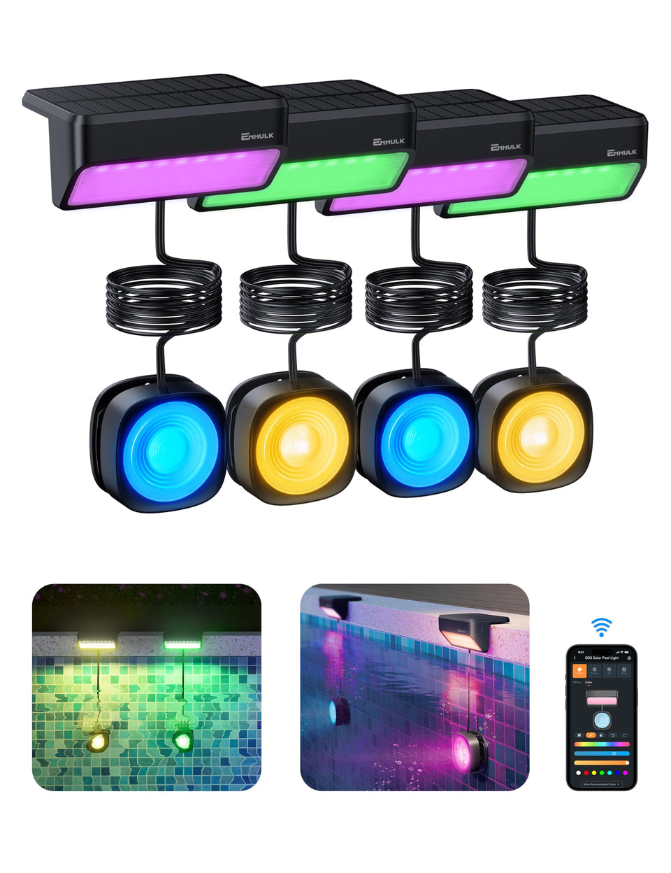Enhulk RGBW pool light in action with vibrant colors for nights