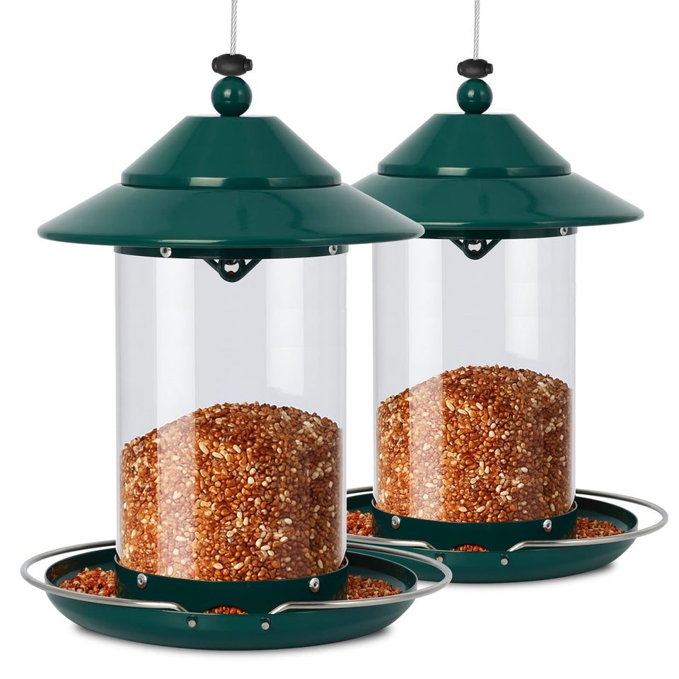 EnjoyCool metal bird feeder outdoors with 360-degree feeding design to attract more birds.