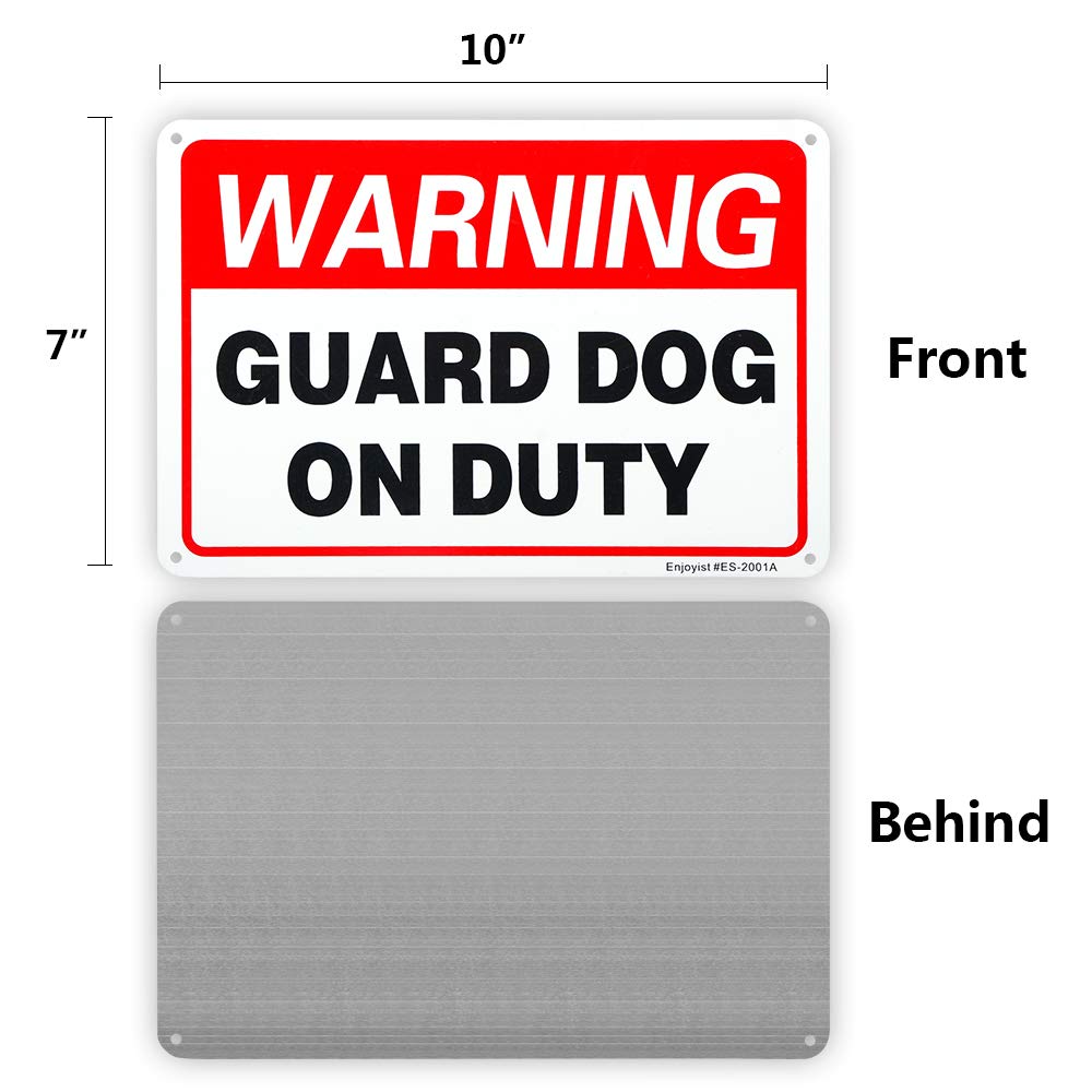 Enjoyist guard dog sign with reflective surface for outdoor use.