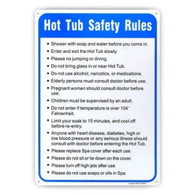 Enjoyist hot tub safety rules sign, 10x14, with clear nighttime visibility.