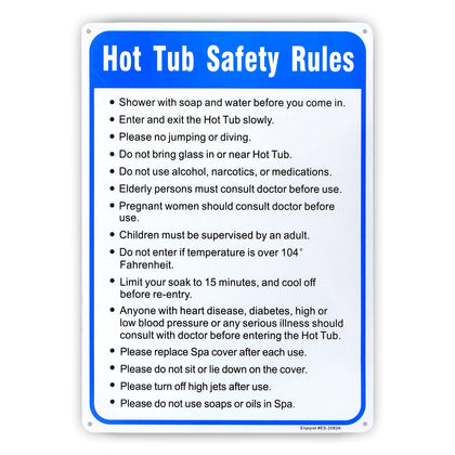 Enjoyist hot tub safety rules sign, 10x14, with clear nighttime visibility.