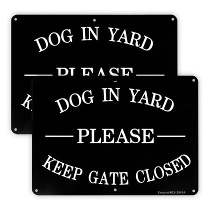 Enjoyist Keep Gate Closed Dogs in Yard Sign mounted on fence at dusk for nighttime visibility.