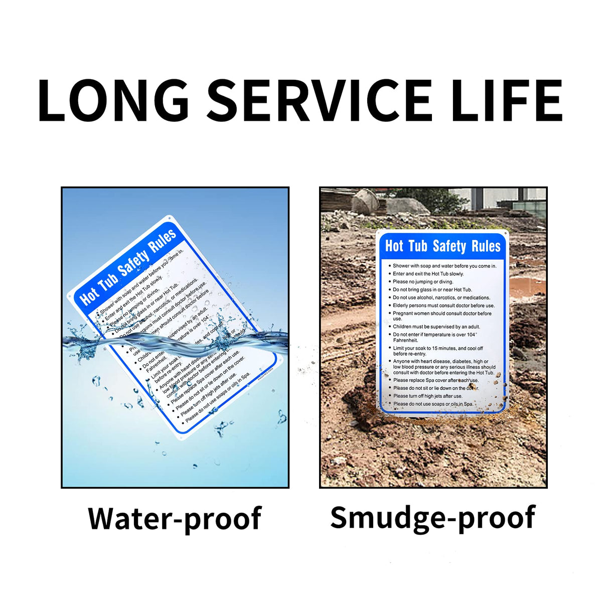 Enjoyist weatherproof sign suitable for pool and spa areas indoors or outdoors.