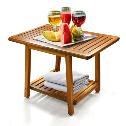 ENKEZI Acacia 24-inch outdoor side table with teak finish, ideal for drinks on the patio.