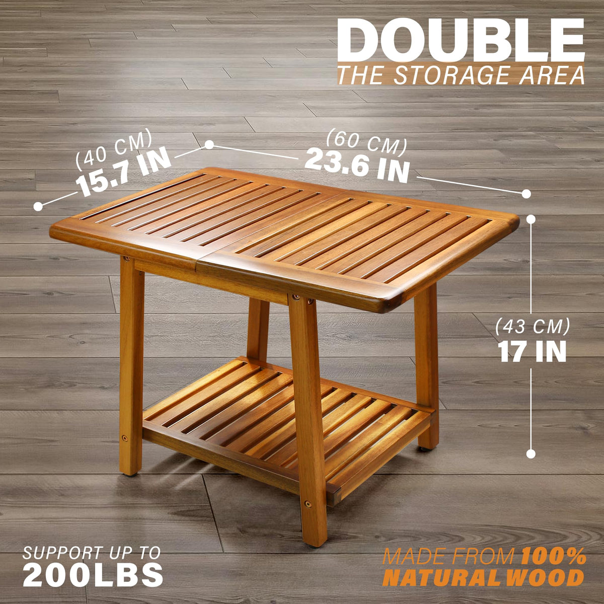ENKEZI Acacia outdoor table features a slatted surface for quick water drainage.