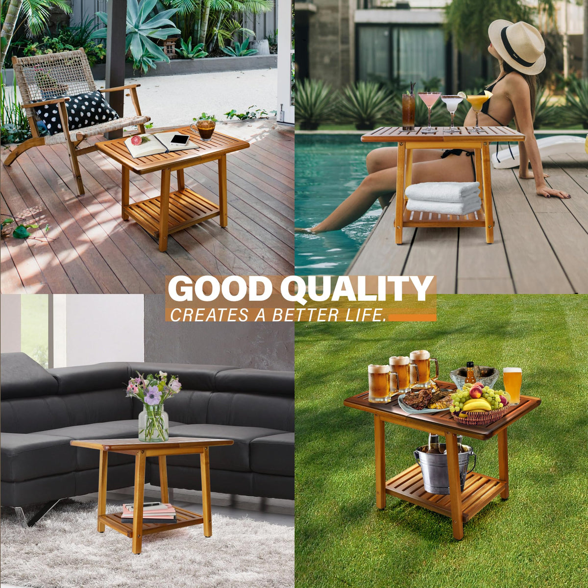 ENKEZI Acacia outdoor table with water-resistant coating survives rain and sun.