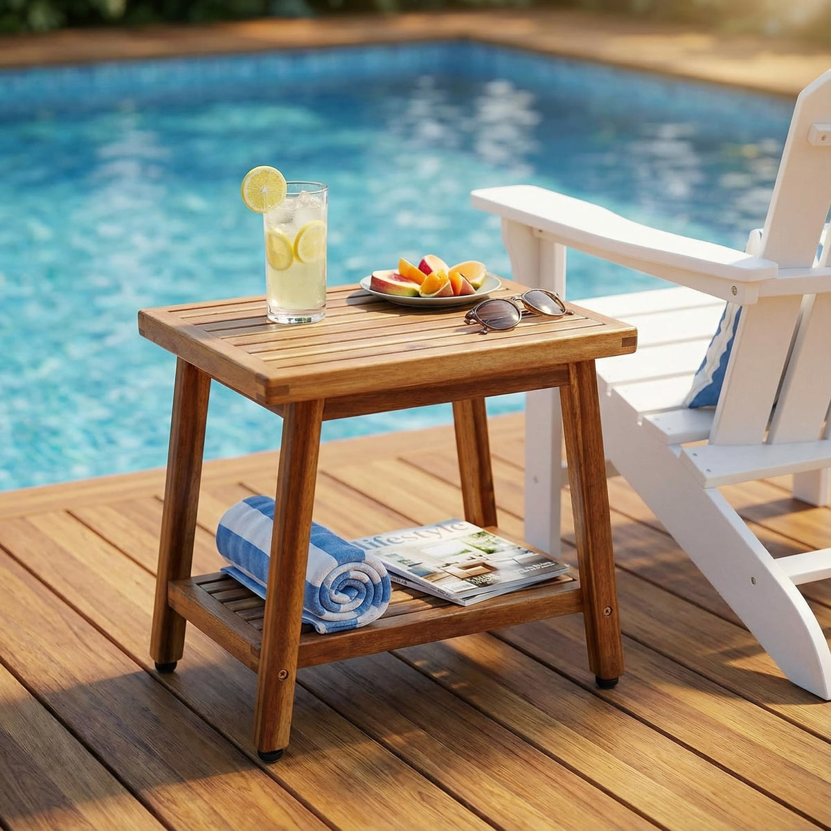 ENKEZI teak finish adds an elegant touch to porches and patios.