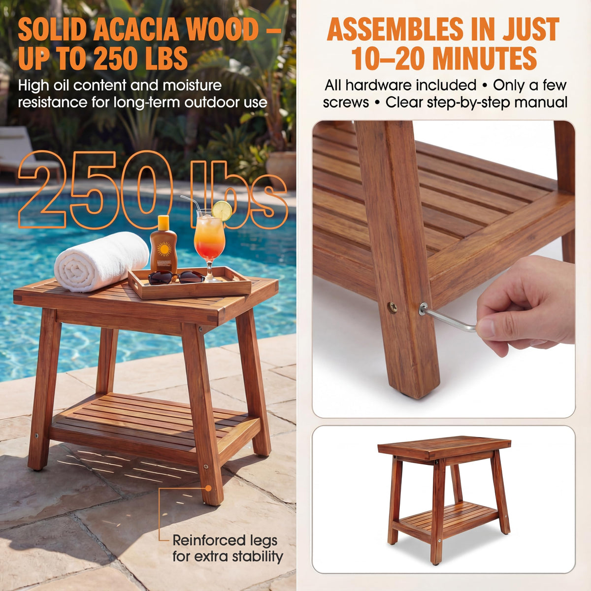 ENKEZI teak finish table offers sturdy support for drinks and decor outdoors.