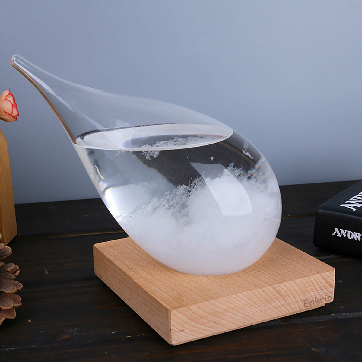 Enkrio storm glass on desk or shelf adds calm ambiance and tactile intrigue.