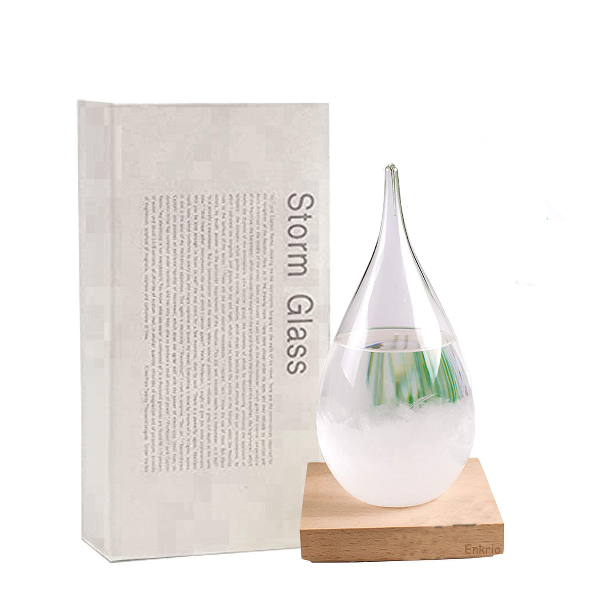 Enkrio storm glass weather predictor bottle on wood base enhances home decor and weather insight.