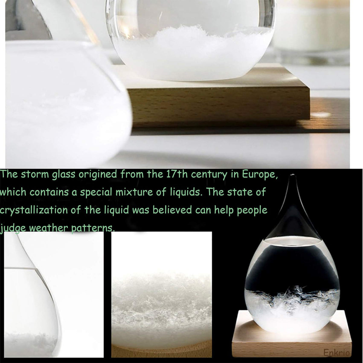 Enkrio storm glass wood base detail highlights durable design suitable for living room or study.