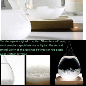 Enkrio storm glass wood base detail highlights durable design suitable for living room or study.