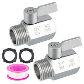 Enoch's Land garden hose shut-off valve close-up in stainless steel for outdoor durability.
