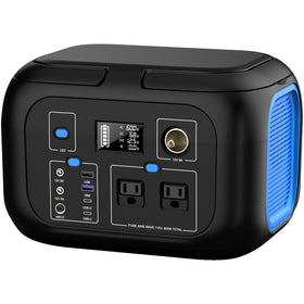 ENOFLO portable power station front view powering a laptop and phone during camping
