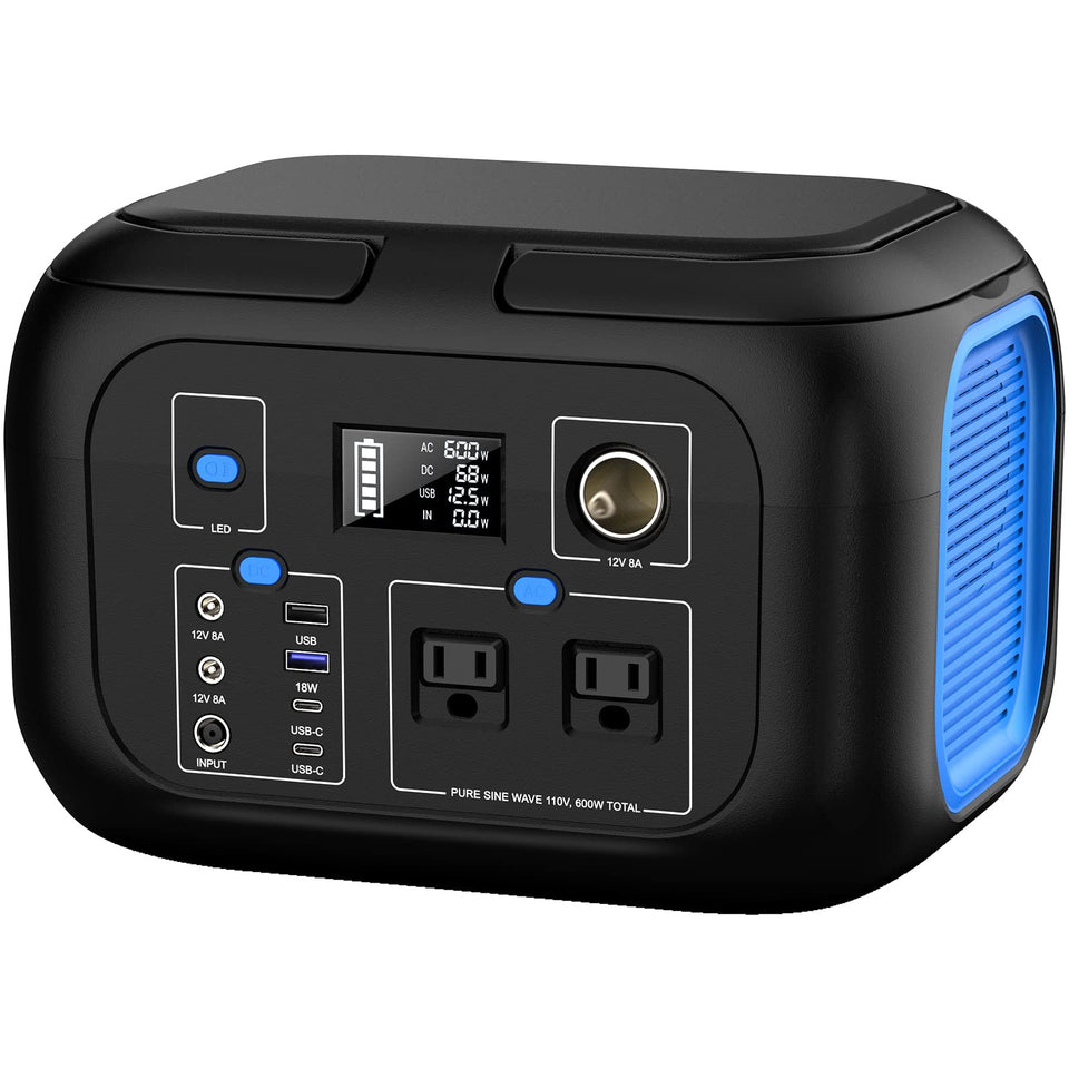 ENOFLO portable power station front view powering a laptop and phone during camping