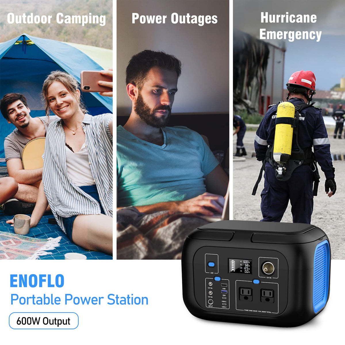 ENOFLO portable power station LCD display reveals remaining energy and outputs