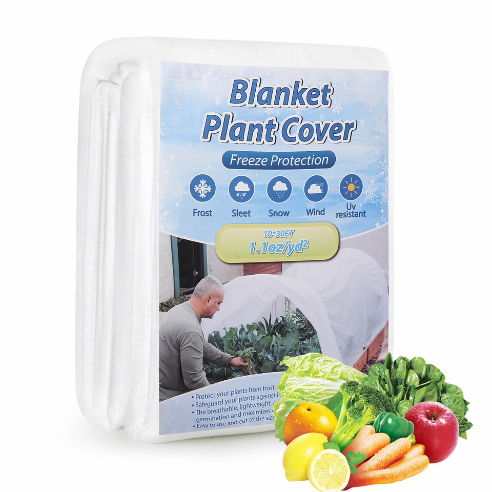 Enrichovo plant cover frost blanket draped over plants for frost and pest protection.