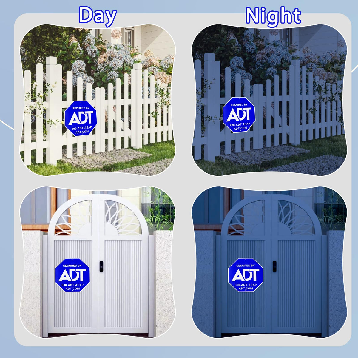 Entinale ADT sign reflective coating; high visibility at night for added awareness.