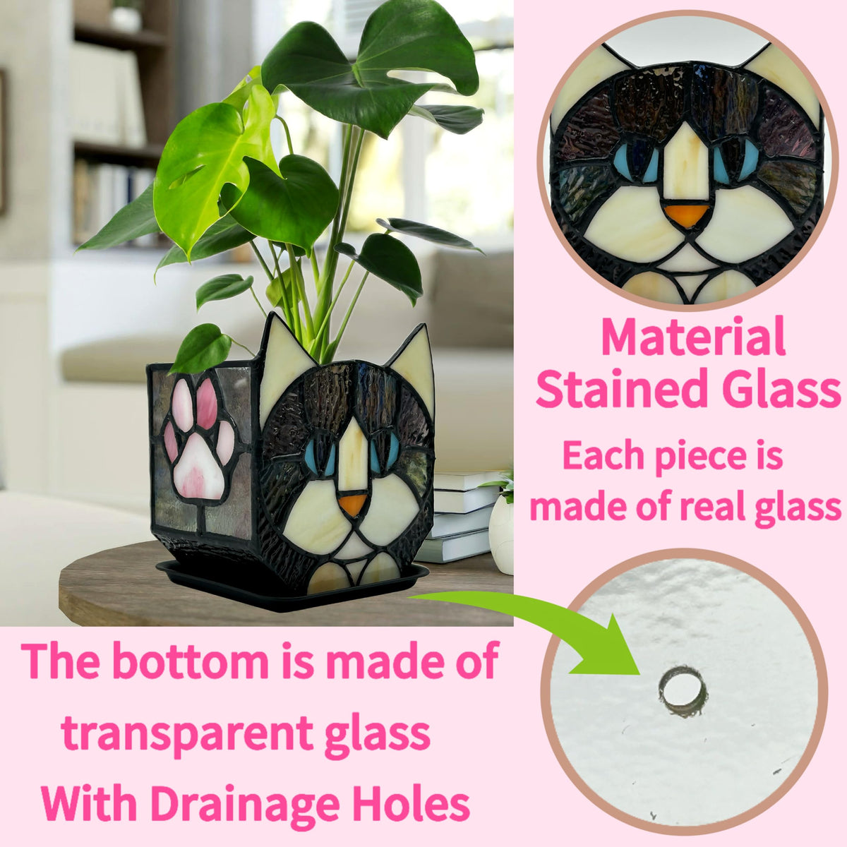 Entlityful black cat planter with drainage for plant care and watering control.