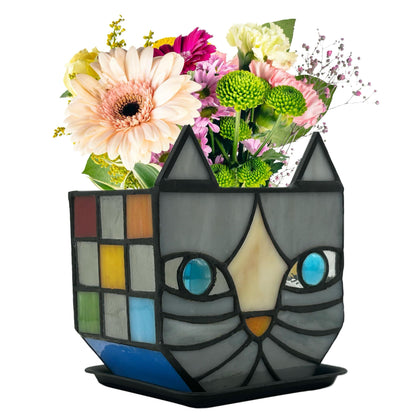 Entlityful gray cat planter with stained glass face for indoor plant display
