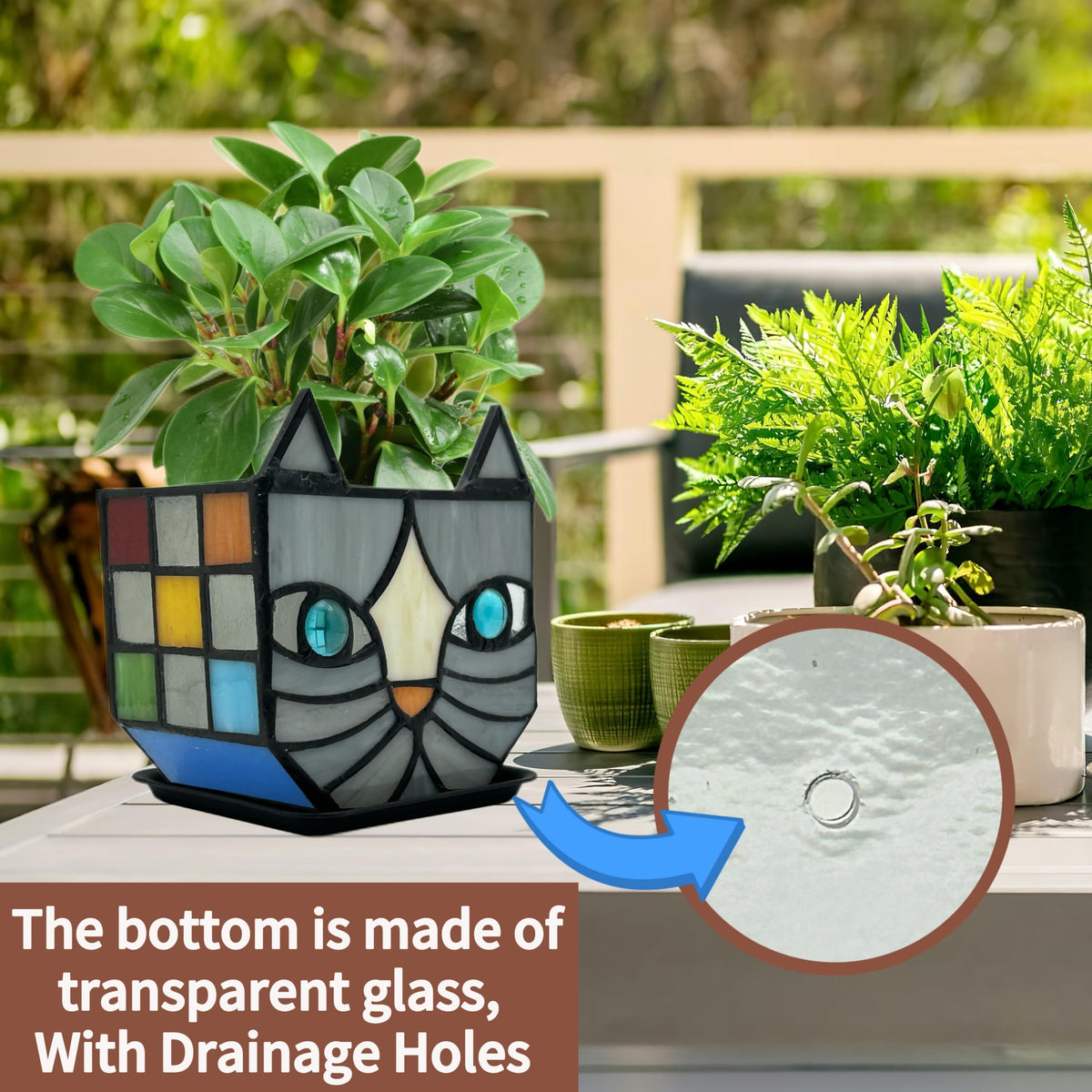 Entlityful gray cat planter on window sill brightens decor with stained glass