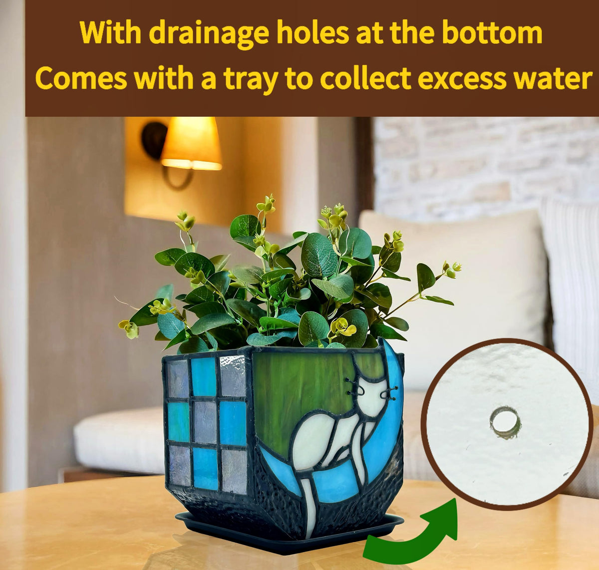 Entlityful cat planter on dining table display for charm and greenery.