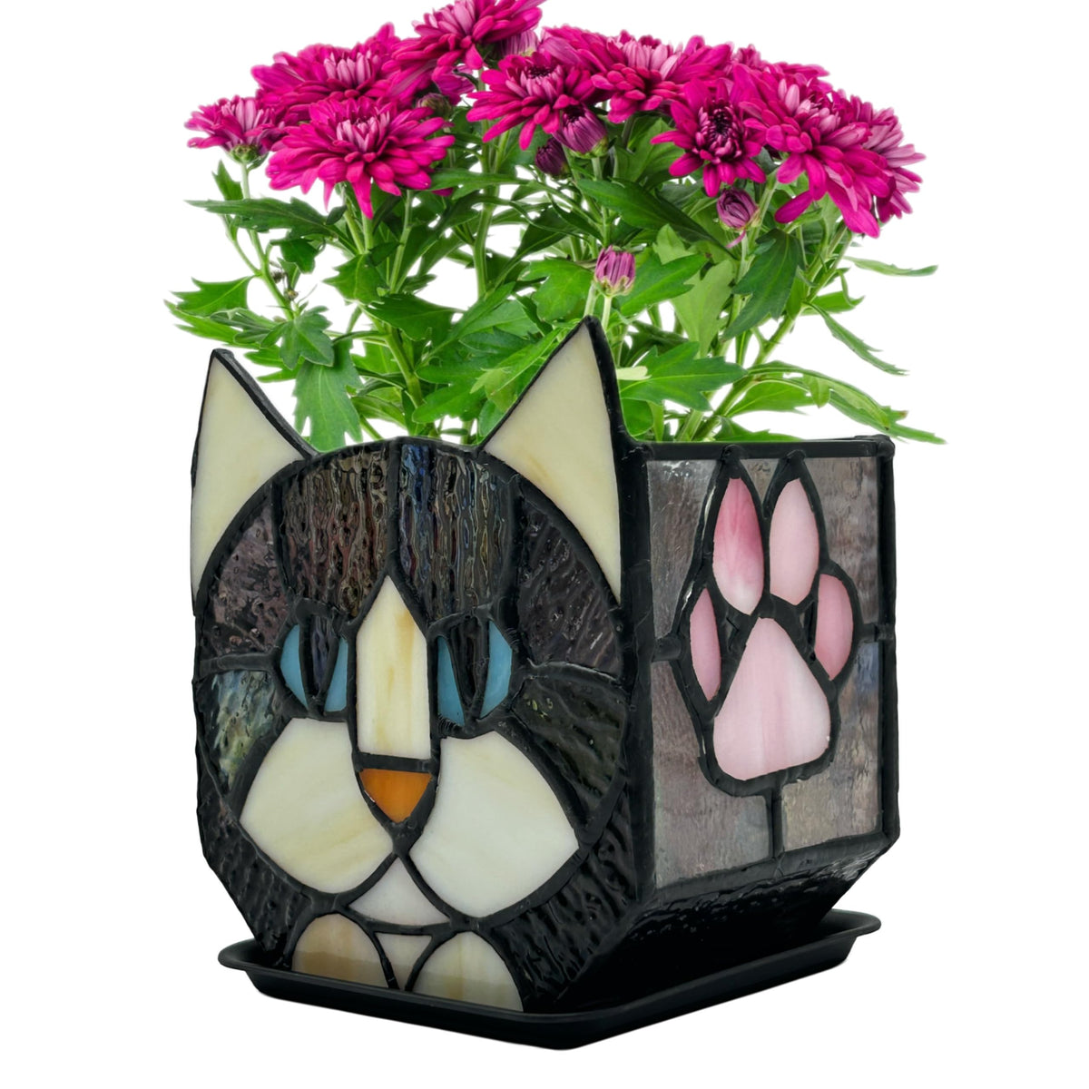 Entlityful stained glass black cat pot with vibrant colors for indoor display.
