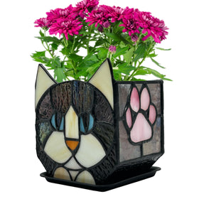 Entlityful stained glass black cat pot with vibrant colors for indoor display.