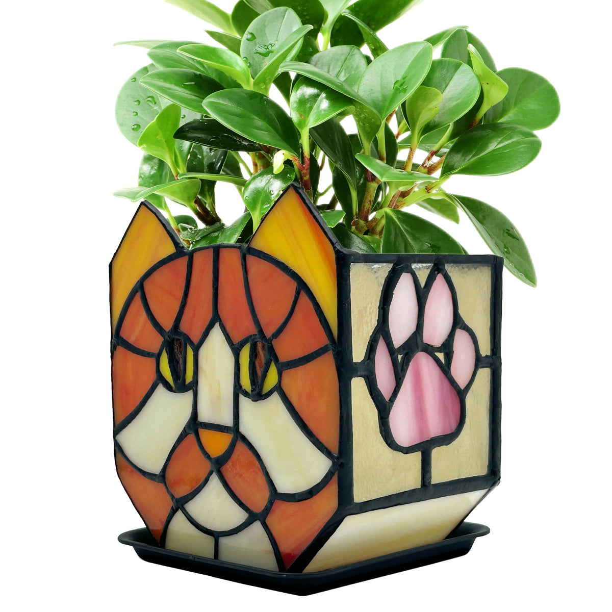 Entlityful stained-glass orange cat planter showcases artisan craftsmanship for vibrant indoor decor.