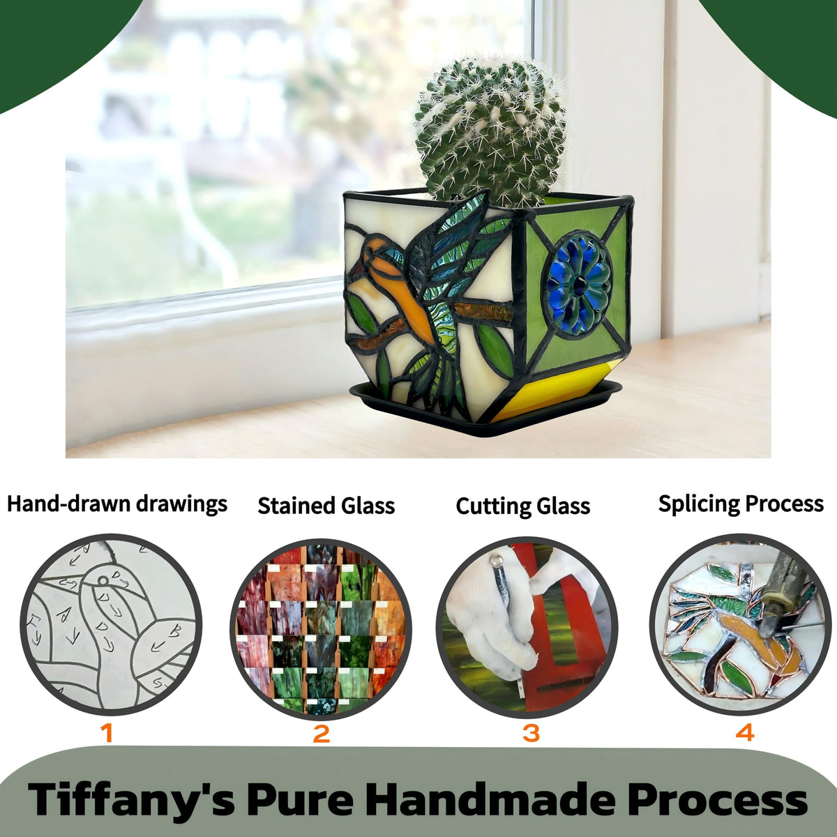Stained glass panels reflect light in blue green amber tones
