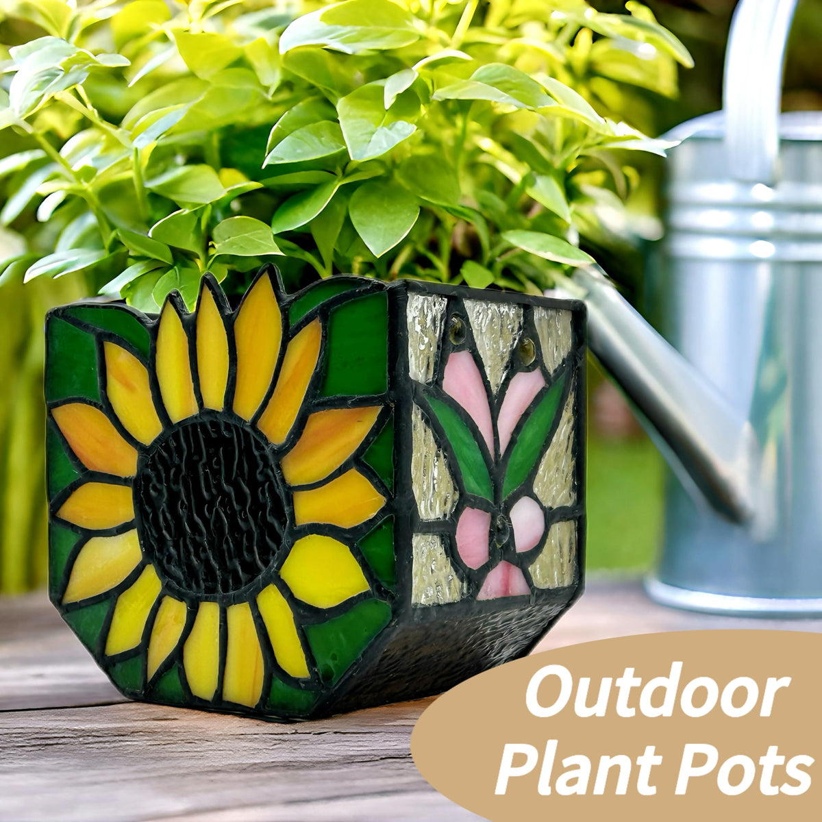 Entlityful stained glass sunflower details highlight craftsmanship on the pot edge