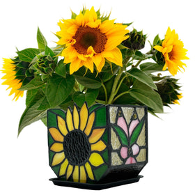 Entlityful stained glass sunflower planter on a windowsill adds color