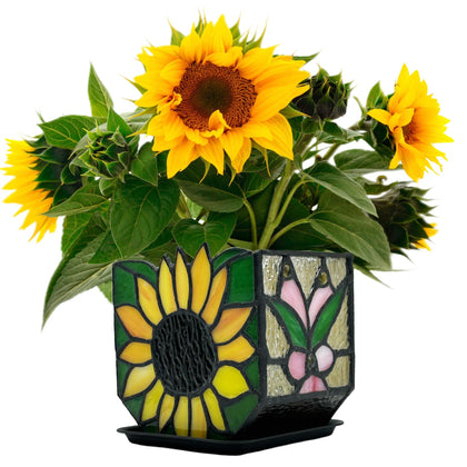 Entlityful stained glass sunflower planter on a windowsill adds color