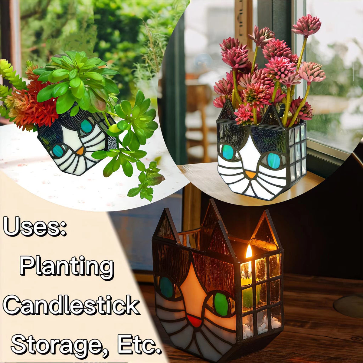 Entlityful Tiffany cat planter copper frame detail adds elegance.